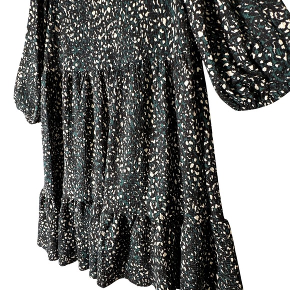 Black Teal White Animal Print Tiered Midi Dress Women's Size 1X Ballon Sleeve - Picture 10 of 13